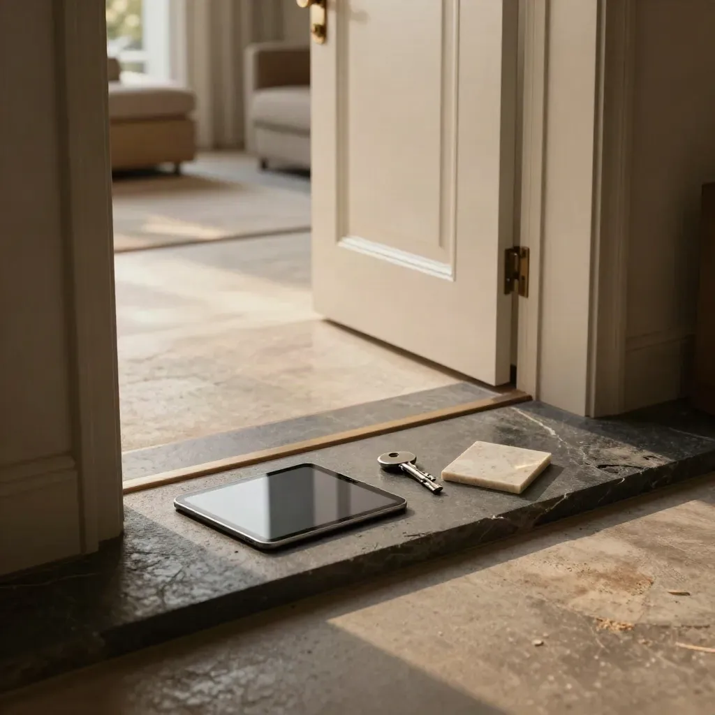 Ingresso di casa con porta socchiusa, chiave piatta, tablet spento e campione di pietra su soglia.