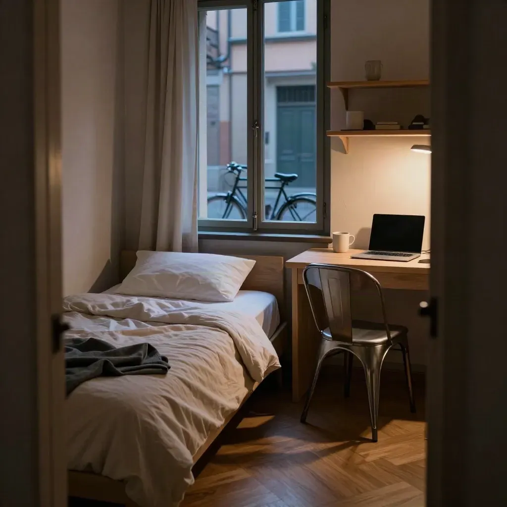 Monolocale ordinato per studenti a Bologna con letto, scrivania e finestra sul cortile.