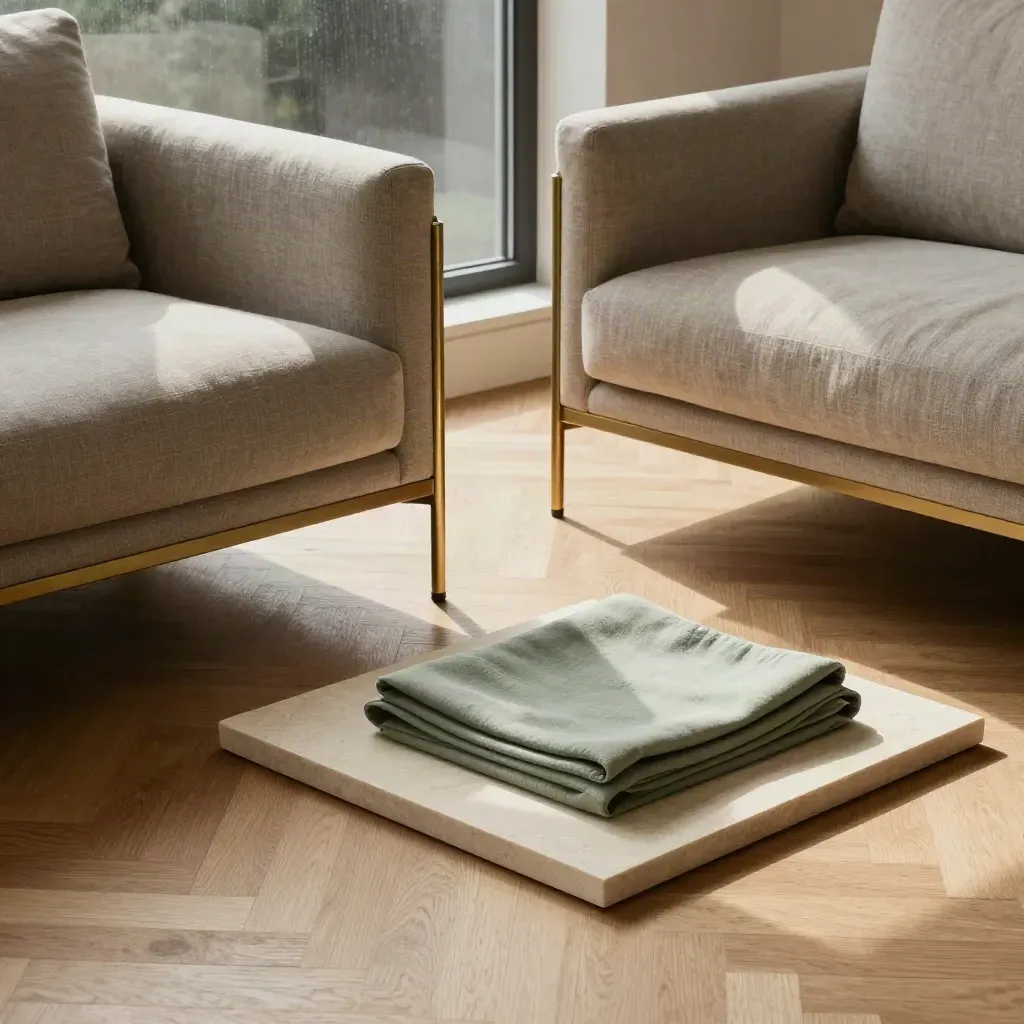 Flatlay di parquet chiaro, tessuto salvia e dettaglio ottone su pietra, luce morbida.