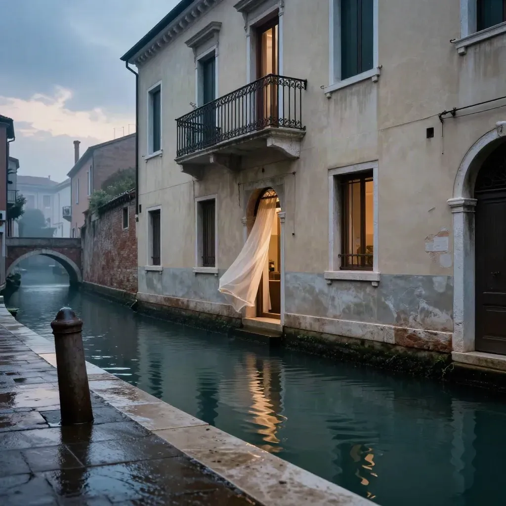 Facciata sui Navigli all’alba dopo il temporale, balcone stretto e canale riflettente.