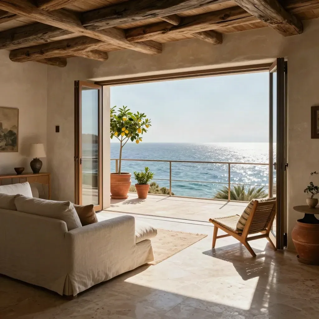 Salotto-terrazza di casa vacanza in Costiera con porte aperte sul mare e limoni in vaso