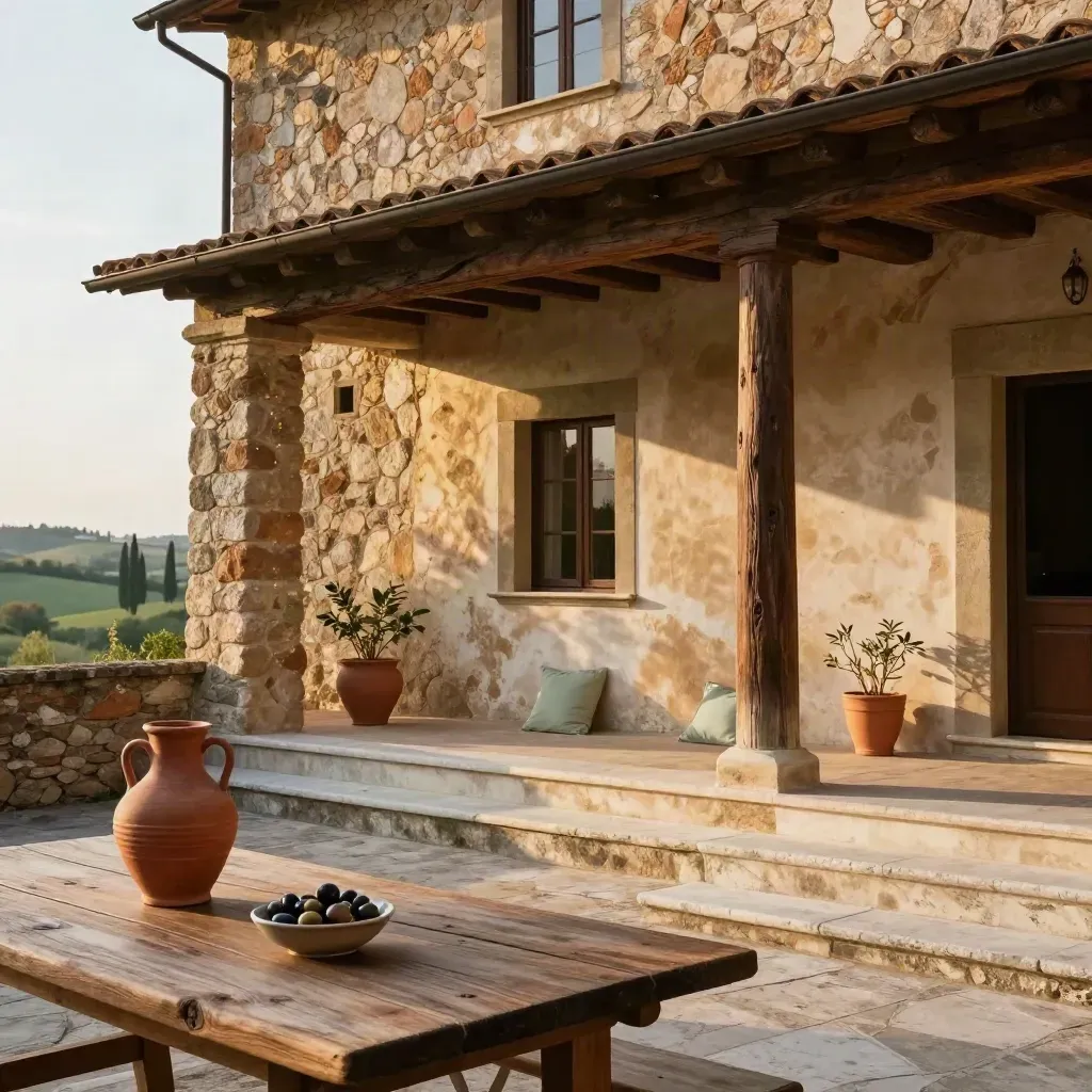Rustico in Chianti in pietra con travi a vista, tavolo grezzo, brocca di terracotta e olive.