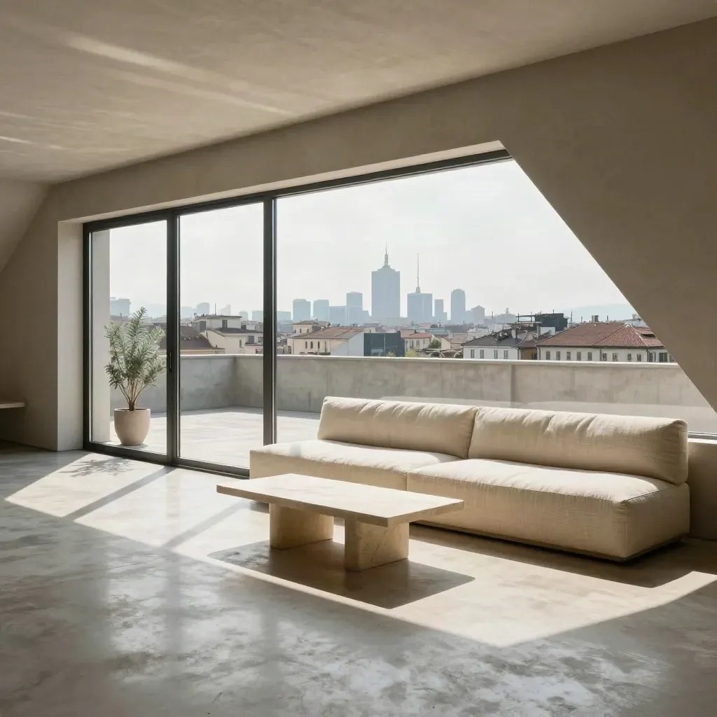 Attico moderno a Torino con terrazzo grande, vetrate aperte e sedute basse.