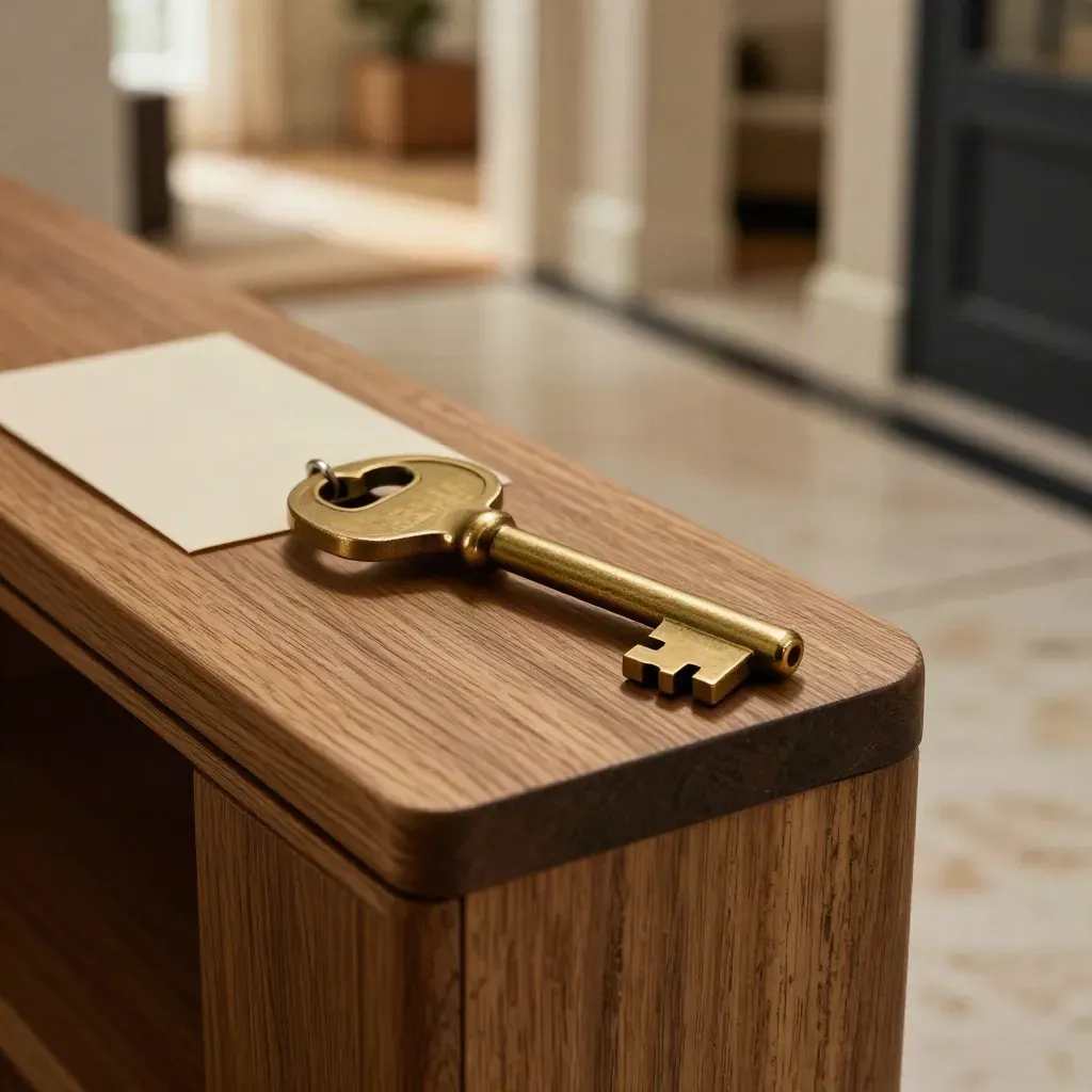 Chiave di casa su consolle d'ingresso, corridoio ordinato sullo sfondo