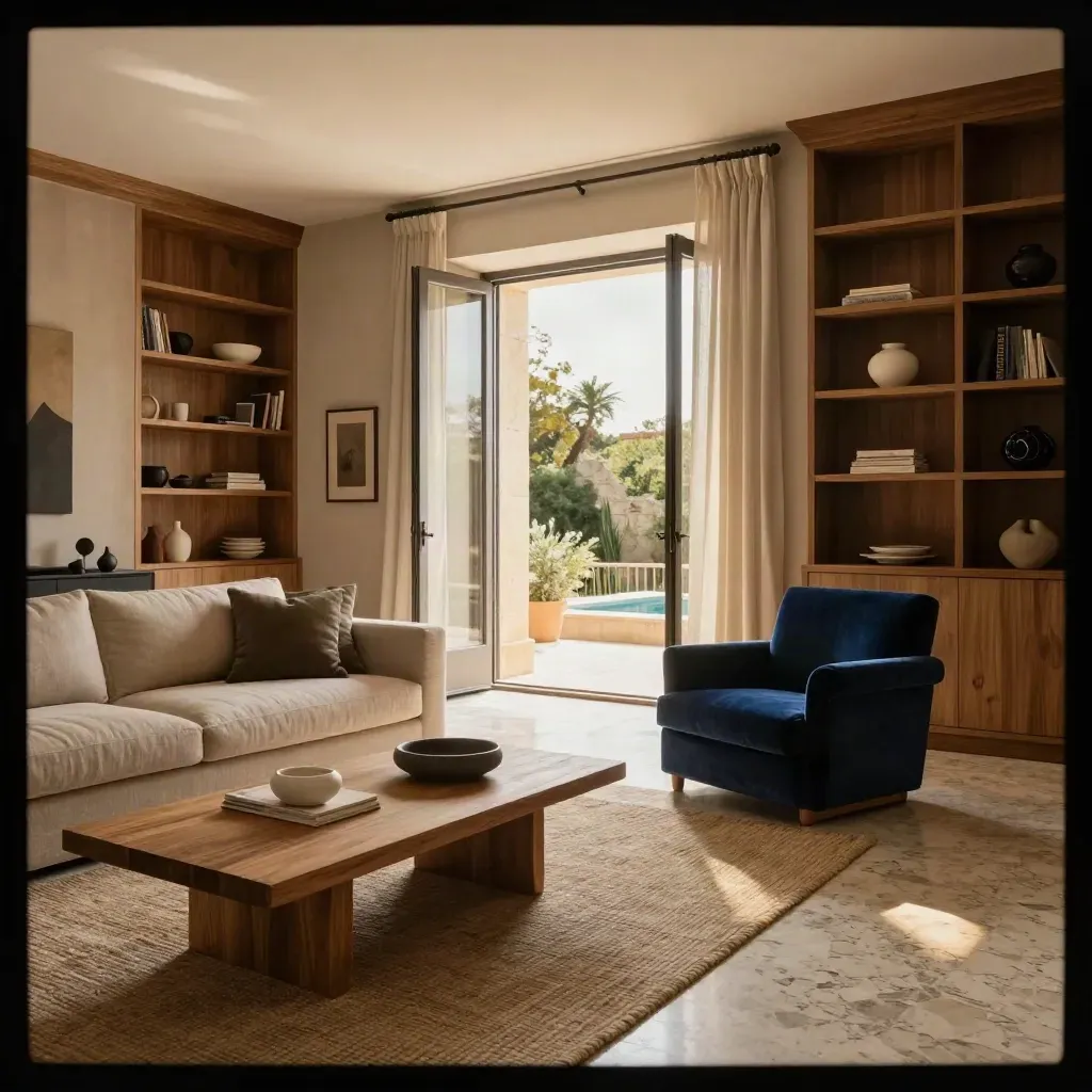 Soggiorno elegante con terrazza aperta, legno caldo e divano in lino, pronto per la vendita.
