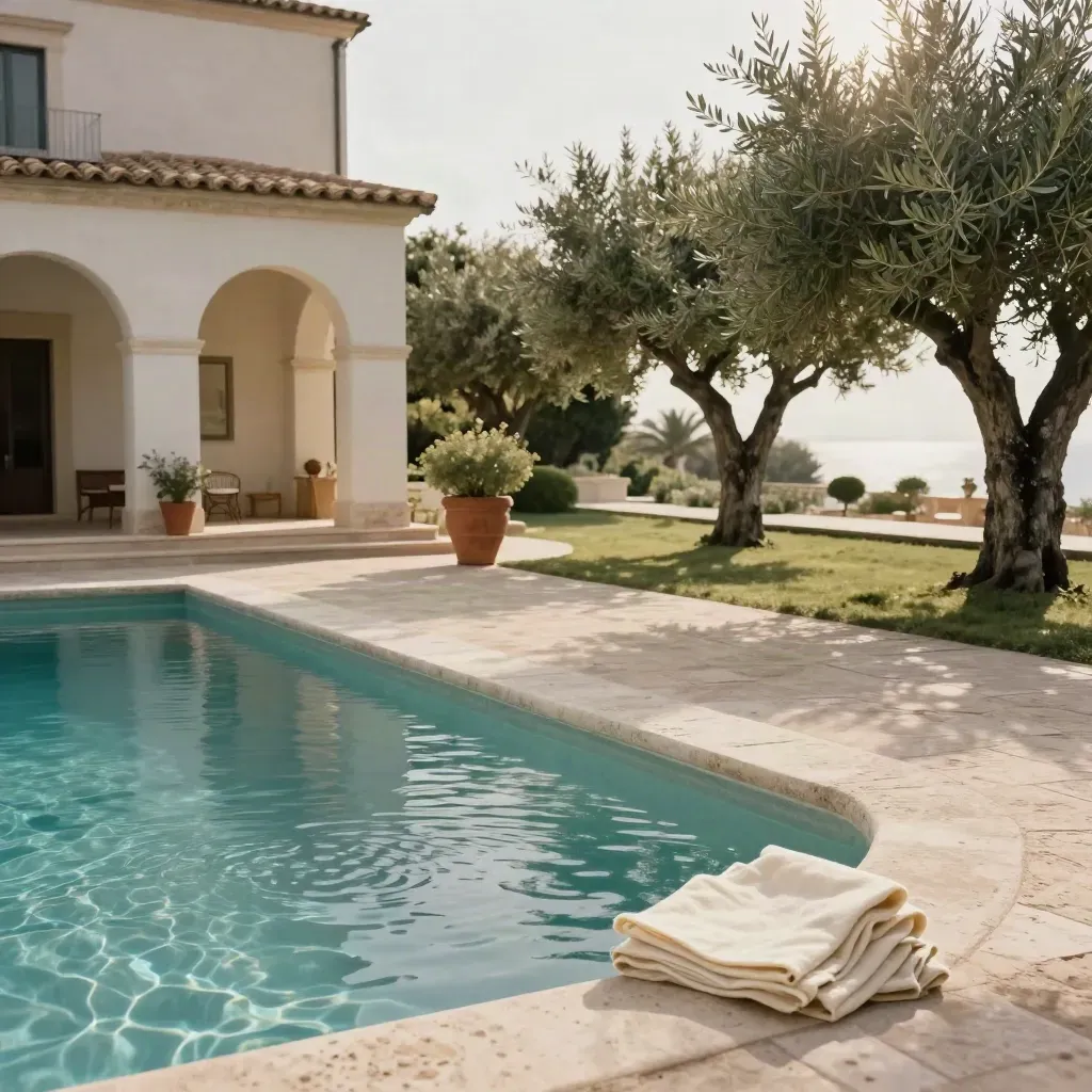 Villa pugliese con piscina, portico ombreggiato e ulivi vista dal bordo vasca.