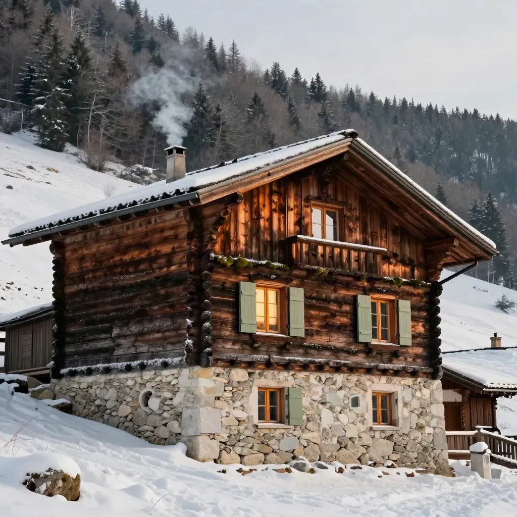 baita di montagna a Bolzano in legno e pietra, neve ai bordi e finestra calda