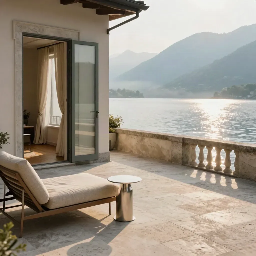 Attico sul Lago di Como con terrazza in pietra, porte aperte e lago tra le montagne.