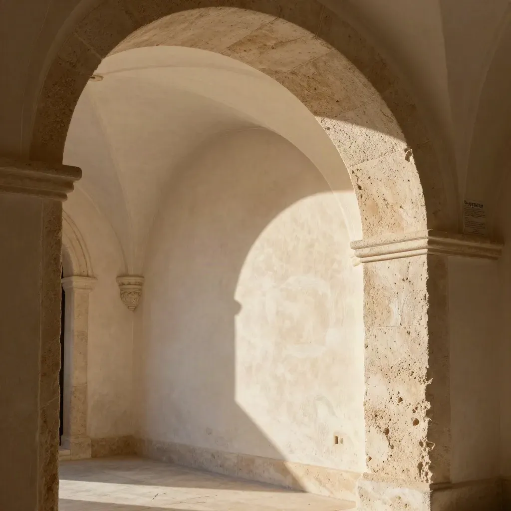 Interno restaurato a Lecce con volta a stella, pareti a calce e nicchie in pietra.