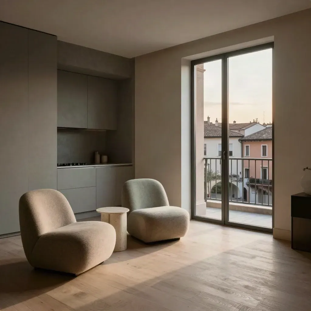 Interno di appartamento a Verona con due sedute, balcone urbano e cucina nascosta.