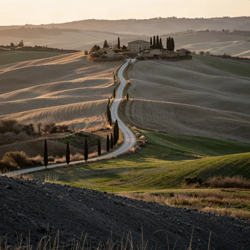 Lotto edificabile umbro tra colline erbose e filari, luce del tardo pomeriggio e foschia leggera.