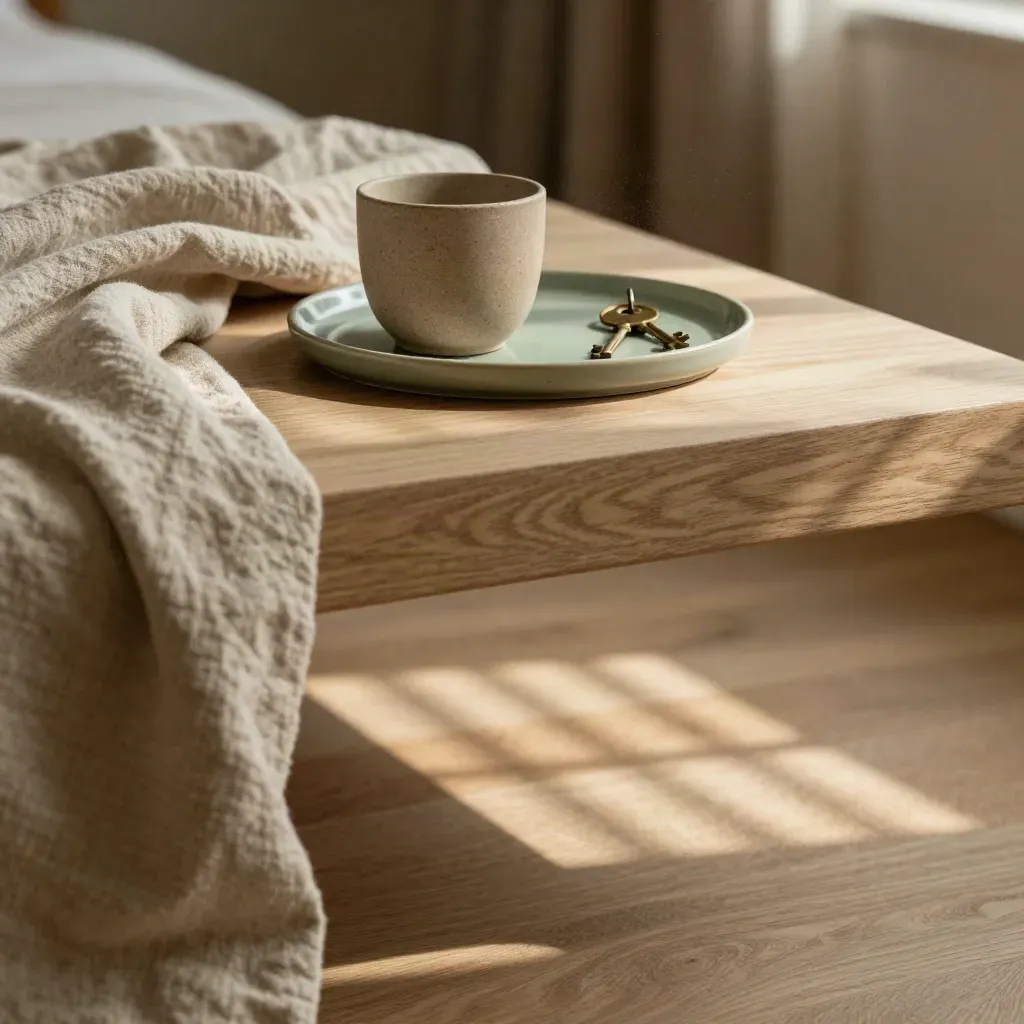 Tavola in legno chiaro con lino, tazza opaca e ombra di persiana in luce pomeridiana.