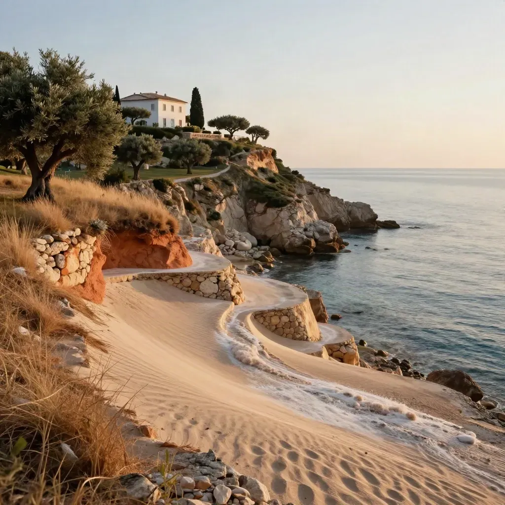 Promontorio costiero con villa lontana, ulivi e mare calmo al tramonto.