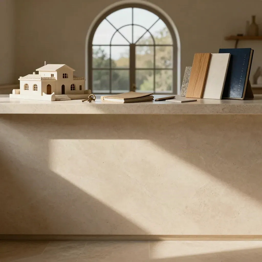 Studio luminoso con modello di villa, chiavi e campionario materiali su pietra, luce radente